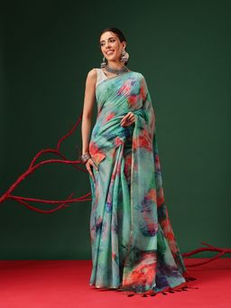 Silk Land - Tie- Die Printed Organza Pre- Draped Green Saree with Unstitched Blouse