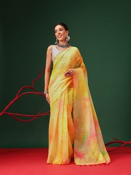 Silk Land - Tie- Die Printed Organza Pre- Draped Yellow Saree with Unstitched Blouse
