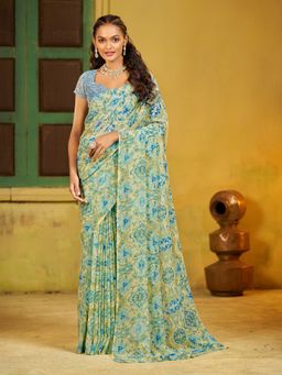Garden VARELI - Georgette Shibori Print Blue Saree with Unstitched Blouse
