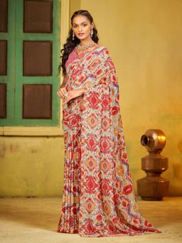 Garden VARELI - Georgette Shibori Print Red Saree with Unstitched Blouse