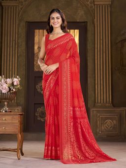 Garden VARELI - Georgette Bandhani Printed Red Saree with Unstitched Blouse