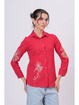 Zolo Label - Rani Pink Classic Collar Shirt with Detailed Floral Sketch Embroidery