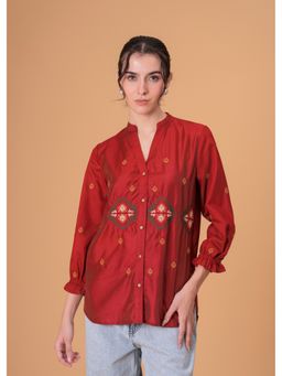 Zolo Label - Rust Red Silk-Blend Tunic with Geometric Yoke Embroidery