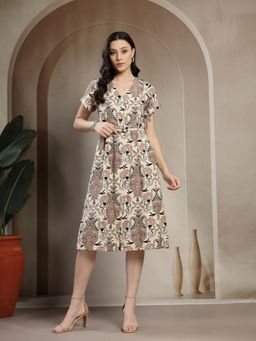 Gipsy - Women Brown Rayon V-Neck Printed Half Sleeves Knee Length Dress with Belt