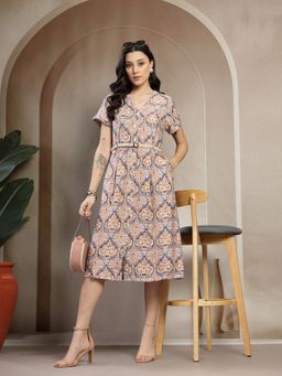 Gipsy - Women's Multicolor Rayon V-Neck Printed Half Sleeves Midi Dress with Belt