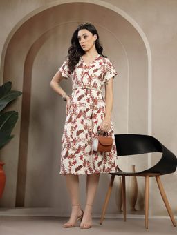 Gipsy - Women Red Rayon V-Neck Printed Half Sleeves Midi Dress with Belt