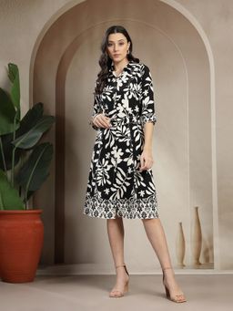 Gipsy - Women Black Rayon Collar Neck Printed Knee Length Dress with Belt