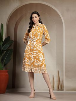 Gipsy - Women Yellow Rayon Collar Neck Printed Knee Length Dress with Belt