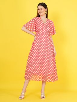 Curvydrobe - Women's Pink Georgette V-Neck Polka Dots Half Sleeves Midi Dress
