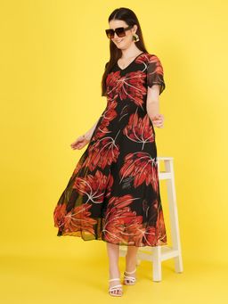 Curvydrobe - Women Georgette Black V-Neck Printed Half Sleeves Midi Dress