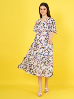 Curvydrobe - Women White Georgette V-Neck Printed Half Sleeves Midi Dress