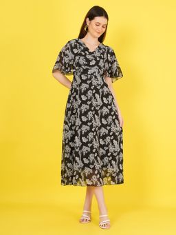 Curvydrobe - Women Georgette V-Neck Black Printed Half Sleeves Midi Dress
