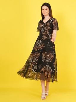 Curvydrobe - Women Georgette V-Neck Printed Half Sleeves Black Midi Dress