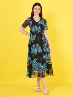 Curvydrobe - Women Blue Georgette V-Neck Printed Half Sleeves Midi Dress (XS)