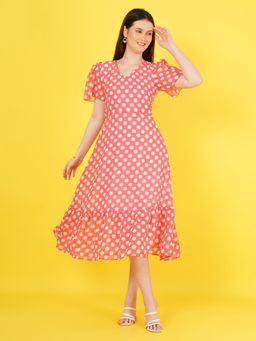 Curvydrobe - Women Pink Georgette V-Neck Polka Dots Half Sleeves Midi Dress