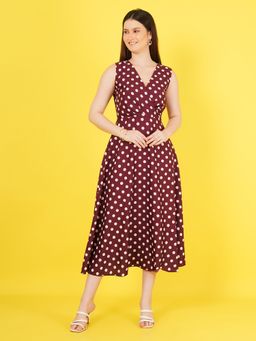 Curvydrobe - Women Burgundy Georgette V-Neck Polka Dots Sleeveless Midi Dress