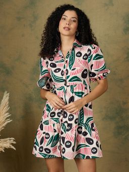 Kibo - Women Multi-Color Rayon Collar Neck Puff Sleeves Mini Dress