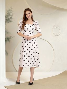 Kibo - Women Off White Polyester Square Neck Puff Sleeves Midi Dress
