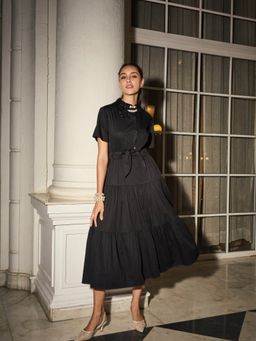 Style Island - Women Black Cotton Collar Neck Solid Half Sleeves Midi Dress