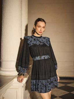 Style Island - Women Blue Round Neck Embroidered Full Sleeves Mini Dress with Belt