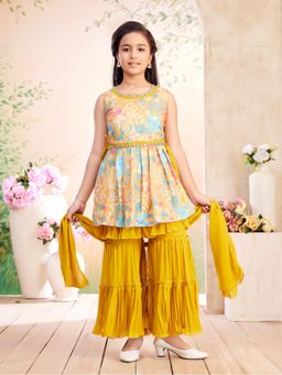 Aarika - Ethnic Wear Mustard Colour Floral Georgette Kurta Sharara With Dupatta