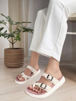 Carlton London - Women White Toe Loop Double Buckle Slide Comfort Sandals