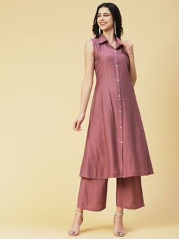 FASHOR - Solid Mother Of Pearl Buttoned A Line Kurta with Palazzo Mauve (Set of 2)