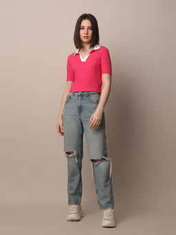 ONLY - Ribbed Solid Pink Polo Neck T-Shirt