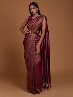 Koskii - Wine Zari Work Art Silk Saree with Unstitched Blouse
