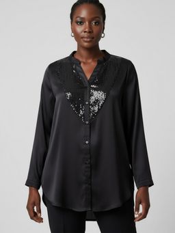 Qurvii - Black Sequined Yoke Shirt