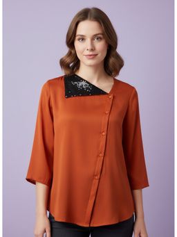 Qurvii - Orange Sequin Collar Satin Shirt