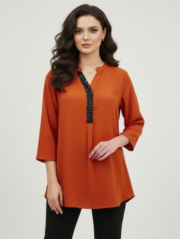 Qurvii - Orange Mandarin Collar Silk Blend Shirt