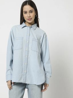 GAP - Blue Women's Solid Spread Collar Shirt