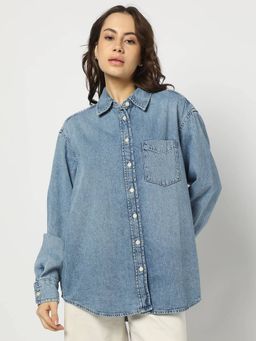 GAP - Blue Women's Solid Denim Spread Collar Shirt