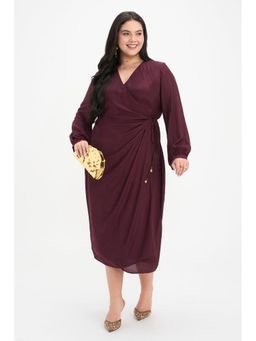 Virgio - Burgundy Solid Viscose V-Neck Wrap Midi Dress