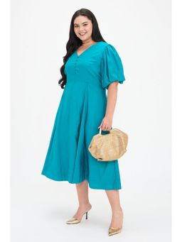 Virgio - Green Solid Viscose Fit and Flare Midi Dress