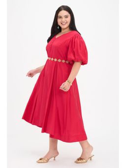Virgio - Pink Solid Viscose Fit and Flare Midi Dress