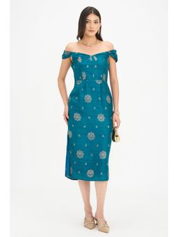 Virgio - Teal Viscose Off Shoulder Bodycon Midi Dress
