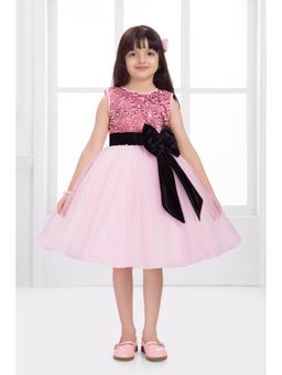 Mini Stitch - Pink Sequence Body with Black Bow Party Frock