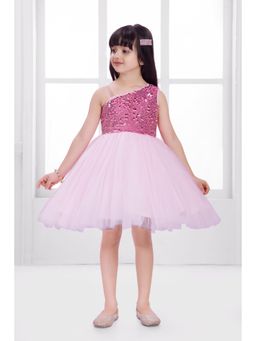 Mini Stitch - Pink Sequence Body Fit and Flare One Shoulder Party Frock