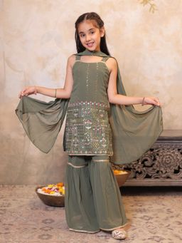 AJ Dezines - Green Heavy Embroidered Kurta with Sharara and Dupatta