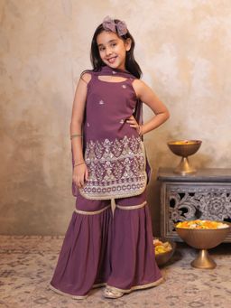 AJ Dezines - Wine Heavy Embroidered Girls Kurta with Sharara and Dupatta