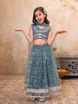 AJ Dezines - Teal Embroidered Choli with Lehenga and Dupatta
