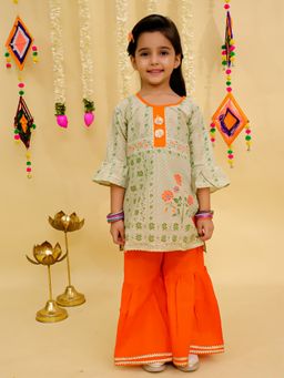 Junitos - Multi-Color Floral Printed Gota Lace Kurta with Sharara