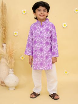 Junitos - Purple Cotton Printed Kurta with Pyjama