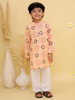 Junitos - Peach Cotton Printed Kurta with Pyjama