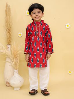 Junitos - Red Woven Ikat Printed Kurta with Pyjama
