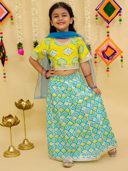 Junitos - Blue Printed Choli with Lehenga and Dupatta