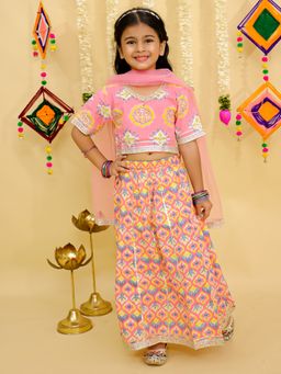 Junitos - Pink Printed Choli with Lehenga and Dupatta