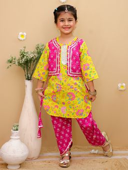 Junitos - Floral Printed Attached Waistcoat Kurta with Dhoti